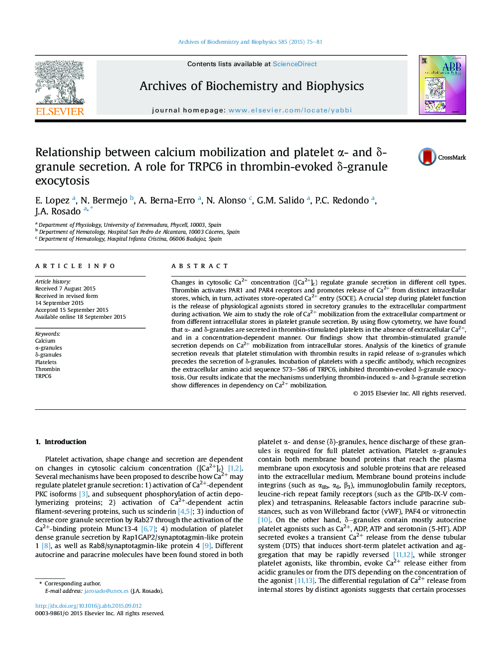 Relationship between calcium mobilization and platelet α- and δ-granule secretion. A role for TRPC6 in thrombin-evoked δ-granule exocytosis