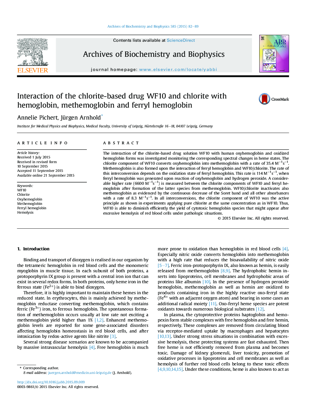 Interaction of the chlorite-based drug WF10 and chlorite with hemoglobin, methemoglobin and ferryl hemoglobin