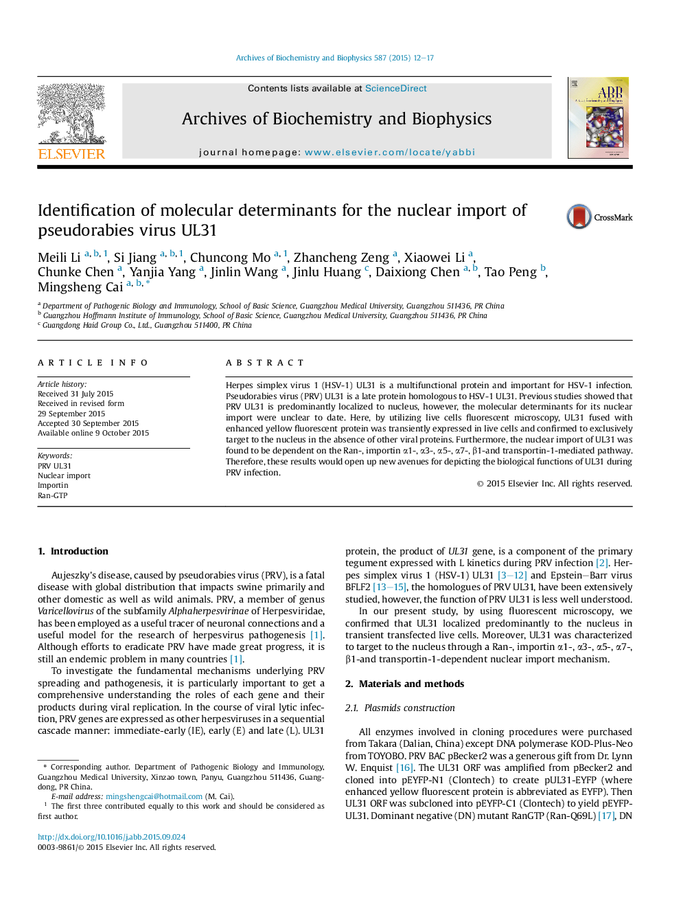 Identification of molecular determinants for the nuclear import of pseudorabies virus UL31