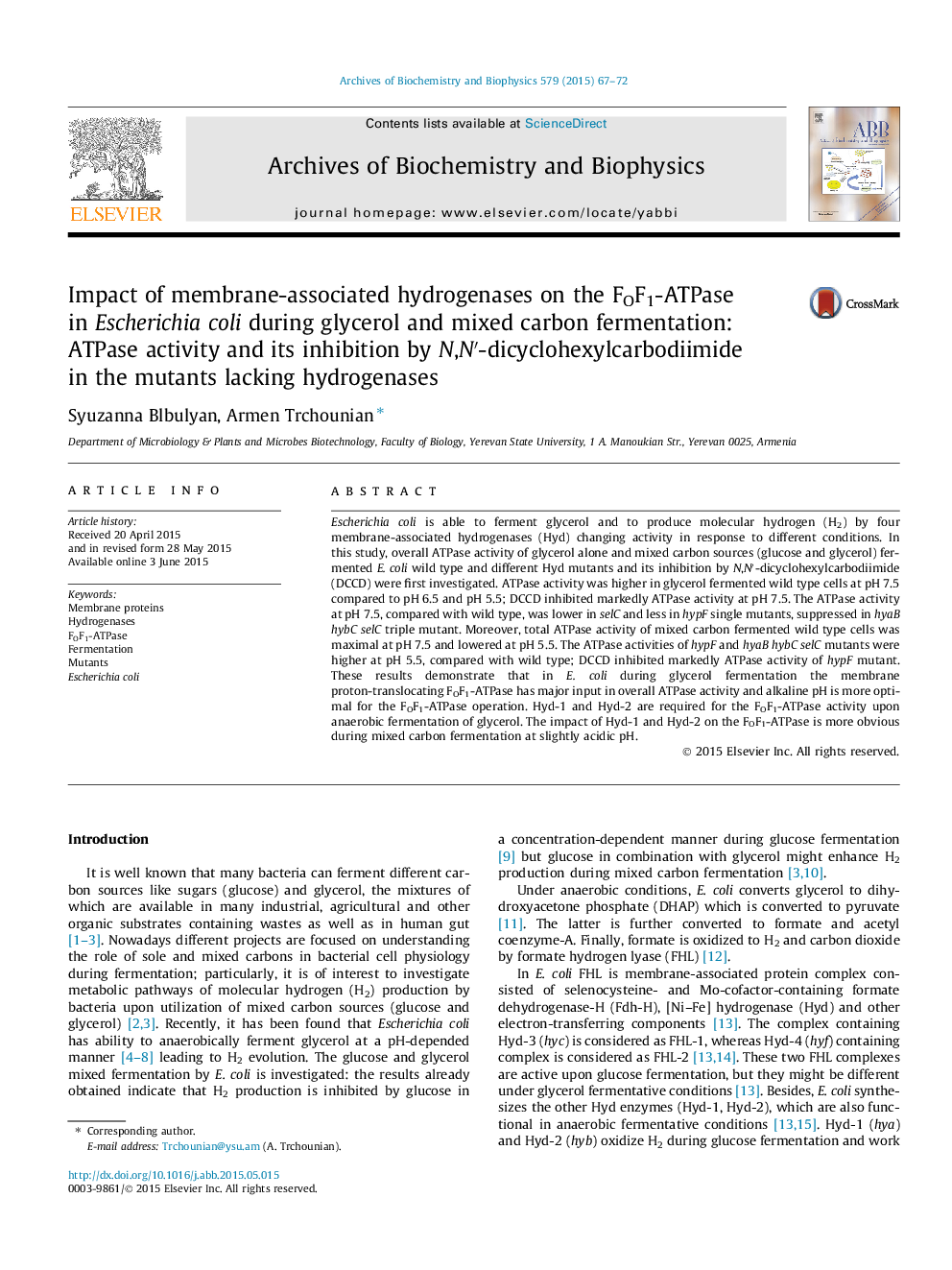 Impact of membrane-associated hydrogenases on the FOF1-ATPase in Escherichia coli during glycerol and mixed carbon fermentation: ATPase activity and its inhibition by N,N′-dicyclohexylcarbodiimide in the mutants lacking hydrogenases