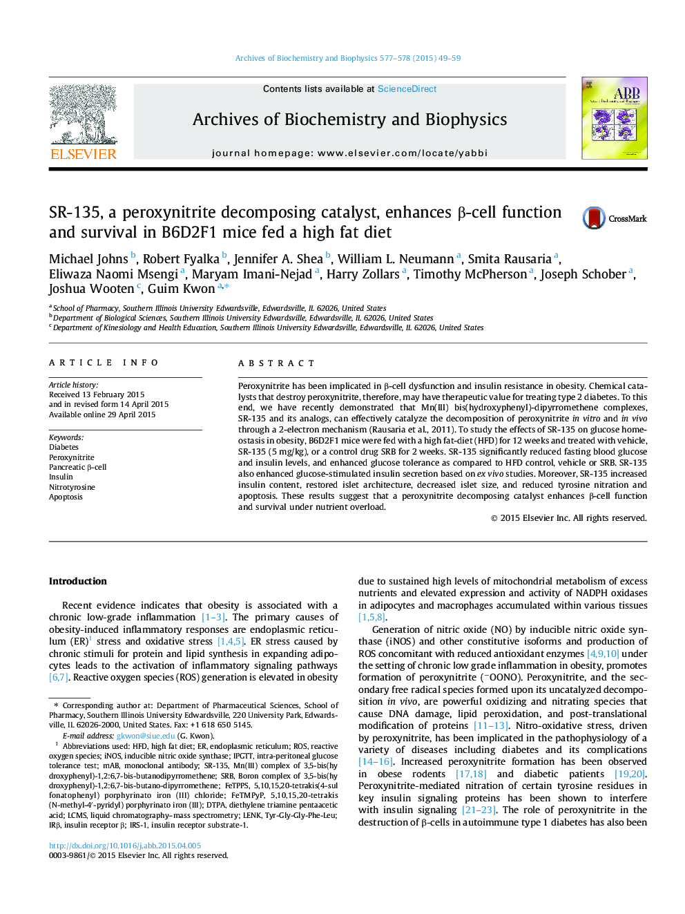 SR-135, a peroxynitrite decomposing catalyst, enhances Î²-cell function and survival in B6D2F1 mice fed a high fat diet