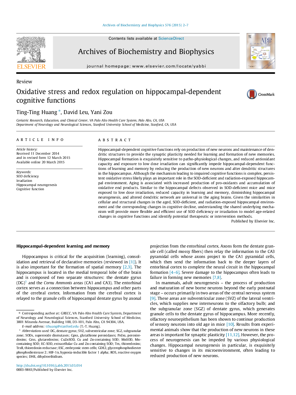 Oxidative stress and redox regulation on hippocampal-dependent cognitive functions