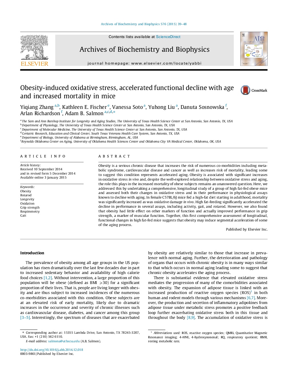 Obesity-induced oxidative stress, accelerated functional decline with age and increased mortality in mice