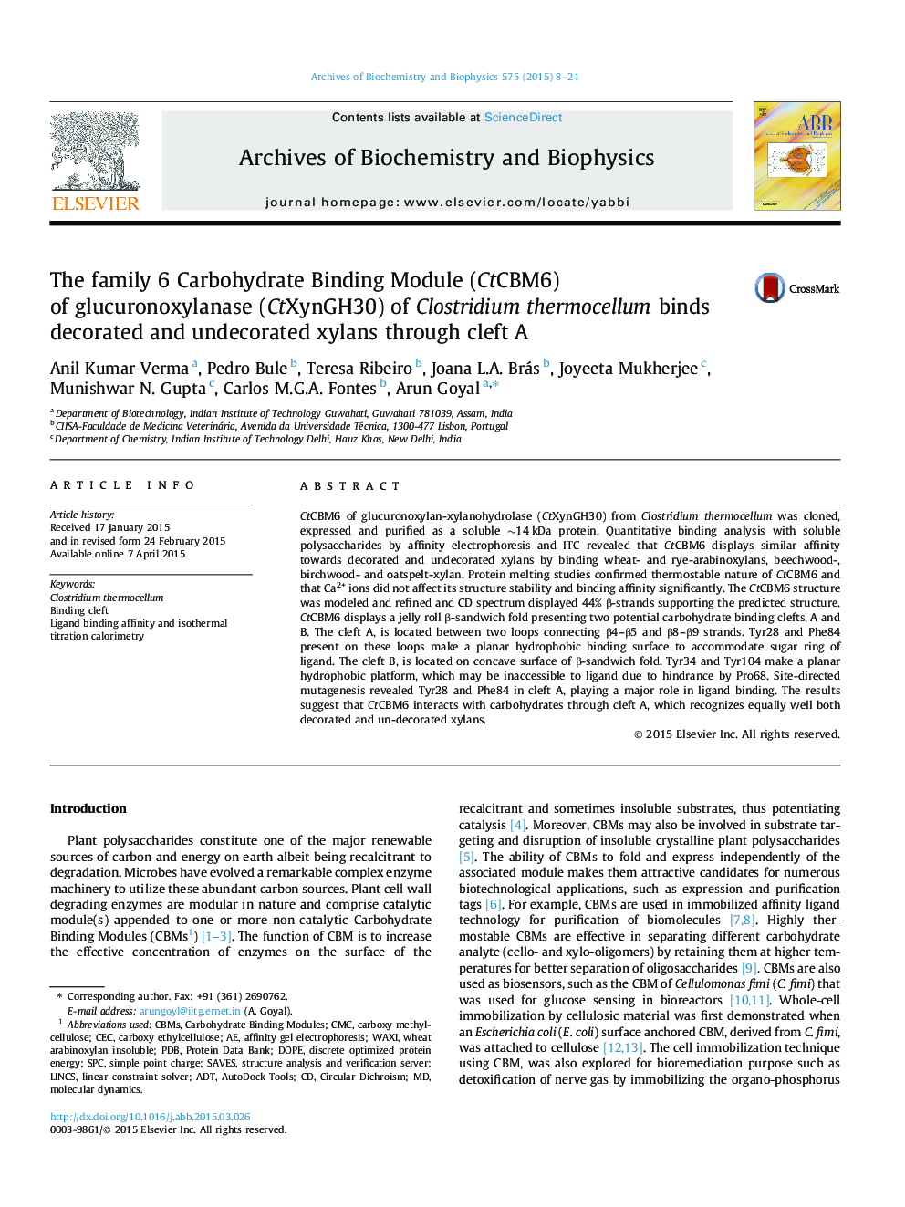 The family 6 Carbohydrate Binding Module (CtCBM6) of glucuronoxylanase (CtXynGH30) of Clostridium thermocellum binds decorated and undecorated xylans through cleft A