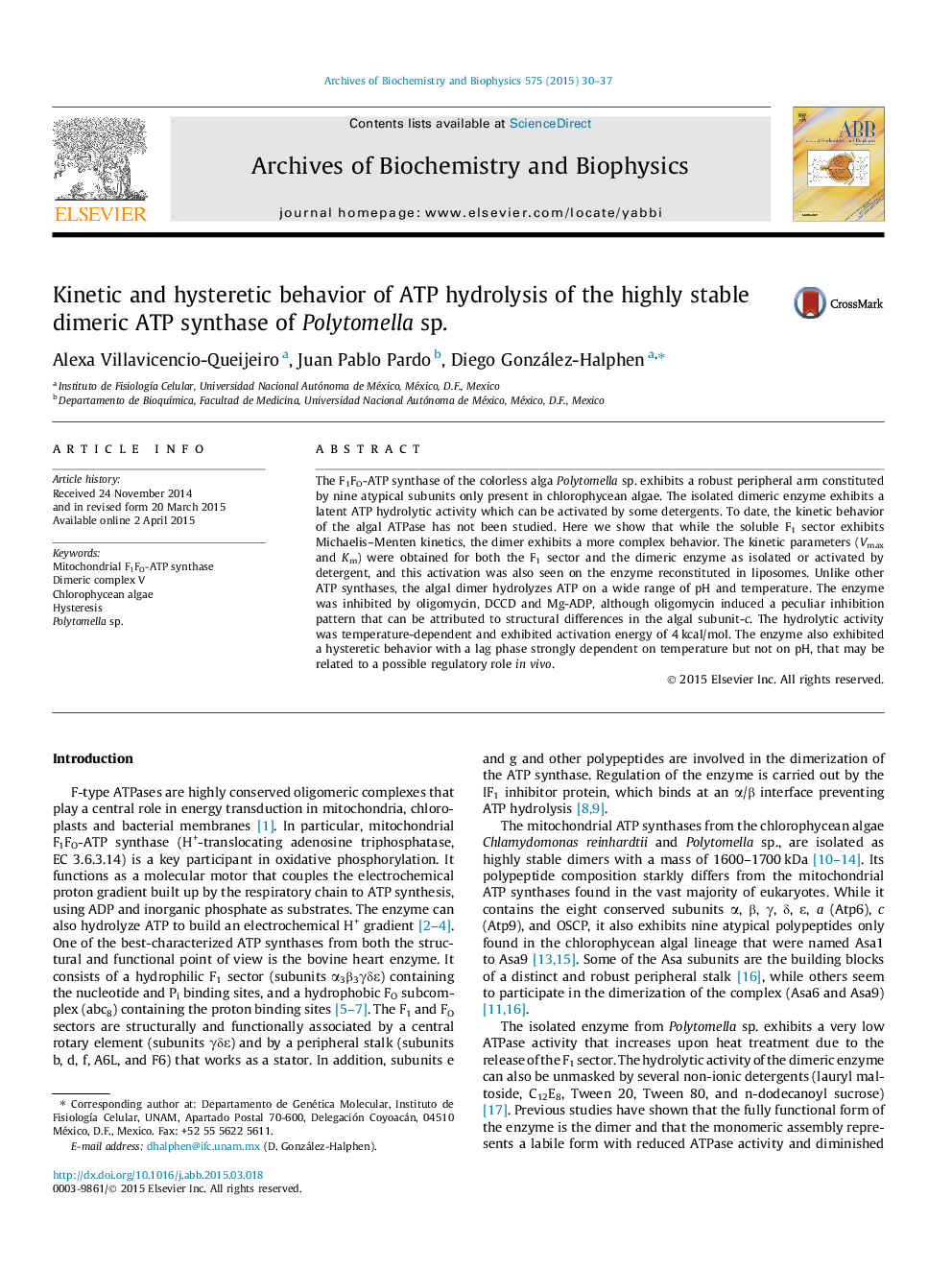 Kinetic and hysteretic behavior of ATP hydrolysis of the highly stable dimeric ATP synthase of Polytomella sp.