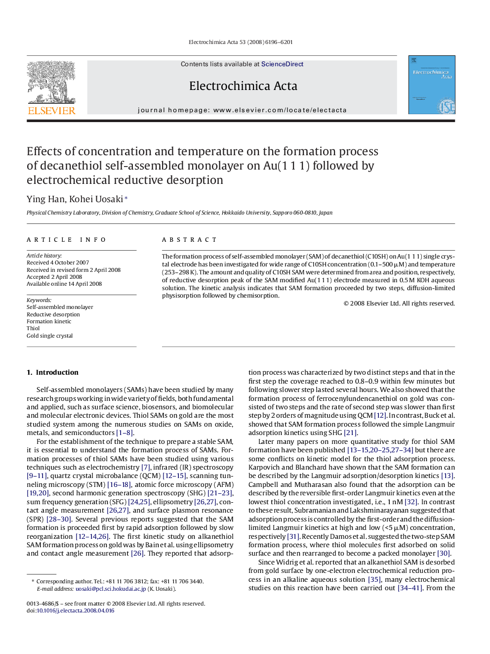 Effects of concentration and temperature on the formation process of decanethiol self-assembled monolayer on Au(1 1 1) followed by electrochemical reductive desorption