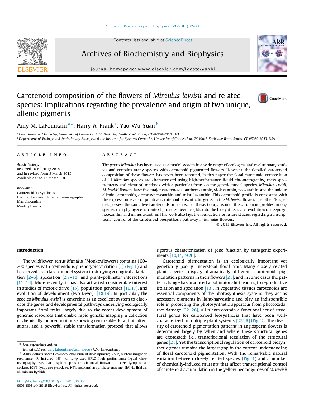 Carotenoid composition of the flowers of Mimulus lewisii and related species: Implications regarding the prevalence and origin of two unique, allenic pigments