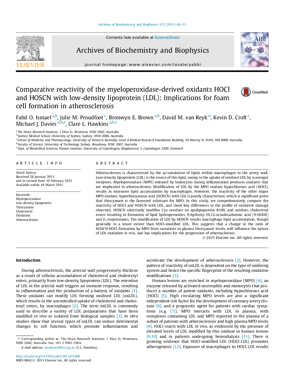 Comparative reactivity of the myeloperoxidase-derived oxidants HOCl and HOSCN with low-density lipoprotein (LDL): Implications for foam cell formation in atherosclerosis