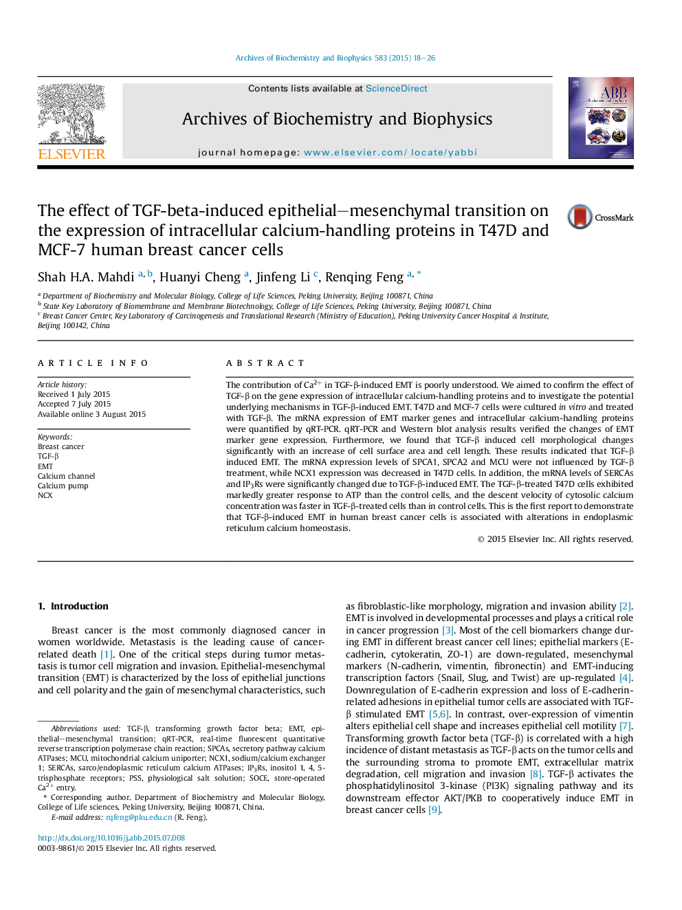 The effect of TGF-beta-induced epithelial–mesenchymal transition on the expression of intracellular calcium-handling proteins in T47D and MCF-7 human breast cancer cells