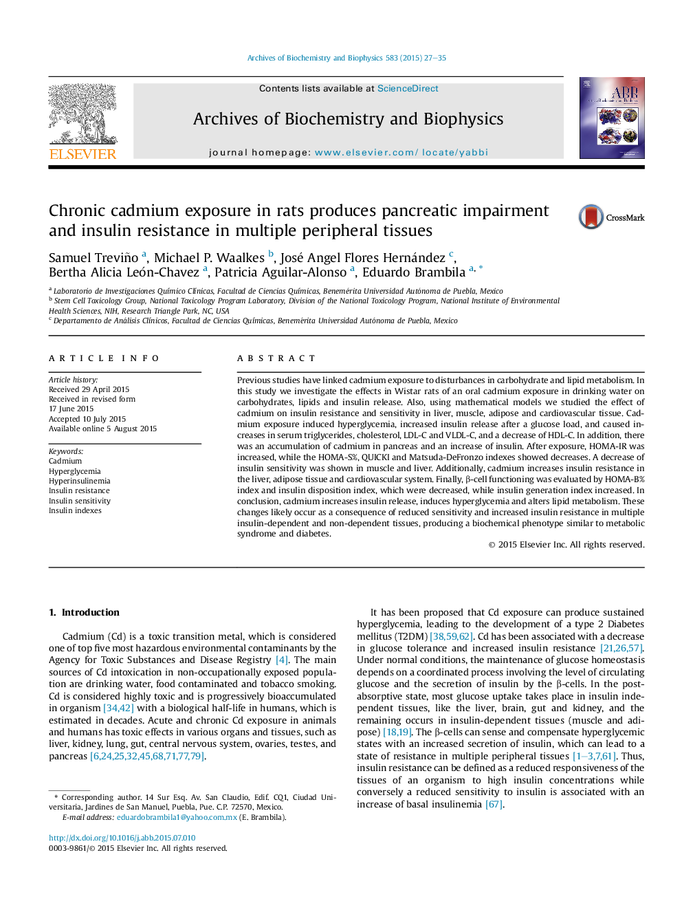 Chronic cadmium exposure in rats produces pancreatic impairment and insulin resistance in multiple peripheral tissues