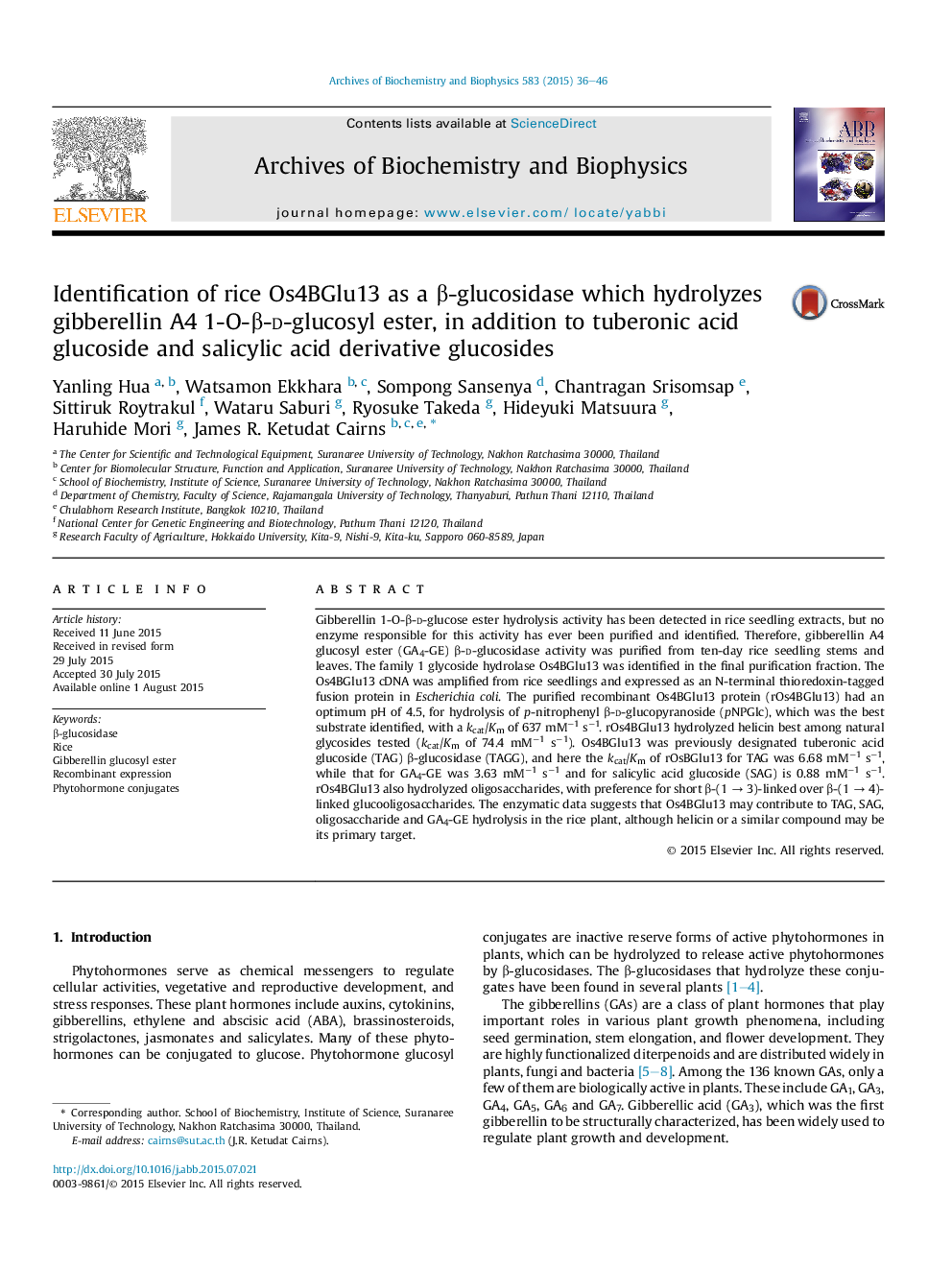 Identification of rice Os4BGlu13 as a β-glucosidase which hydrolyzes gibberellin A4 1-O-β-d-glucosyl ester, in addition to tuberonic acid glucoside and salicylic acid derivative glucosides