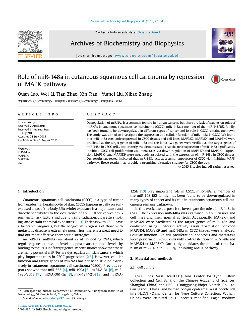 Role of miR-148a in cutaneous squamous cell carcinoma by repression of MAPK pathway