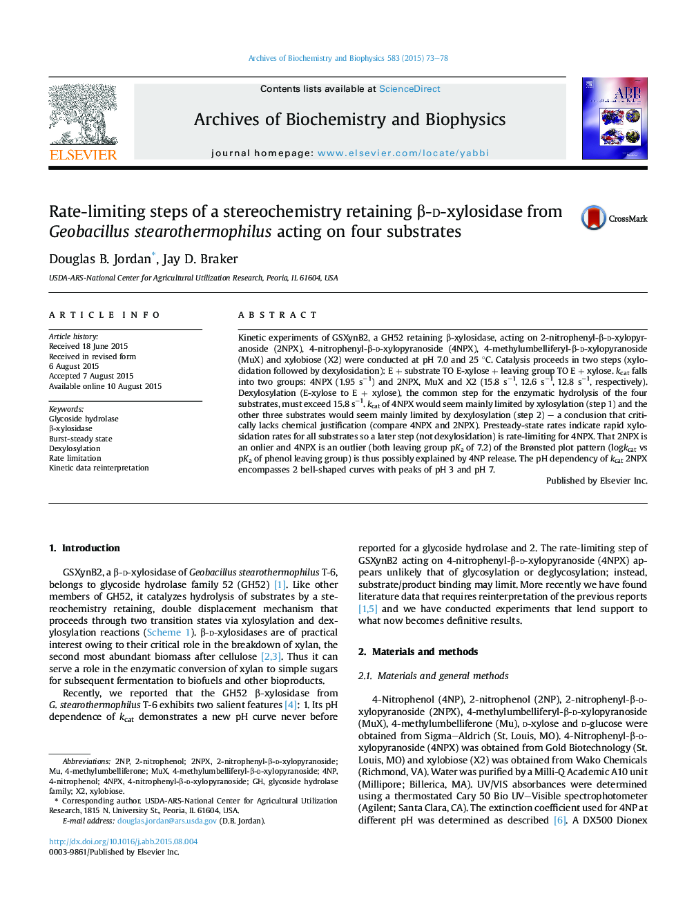 Rate-limiting steps of a stereochemistry retaining Î²-d-xylosidase from Geobacillus stearothermophilus acting on four substrates