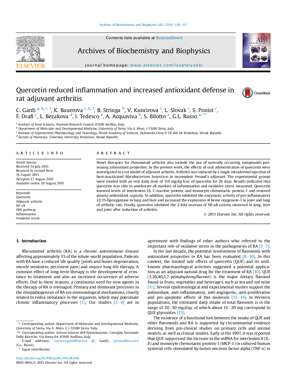 Quercetin reduced inflammation and increased antioxidant defense in rat adjuvant arthritis