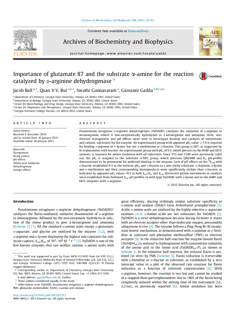 Importance of glutamate 87 and the substrate α-amine for the reaction catalyzed by d-arginine dehydrogenase 