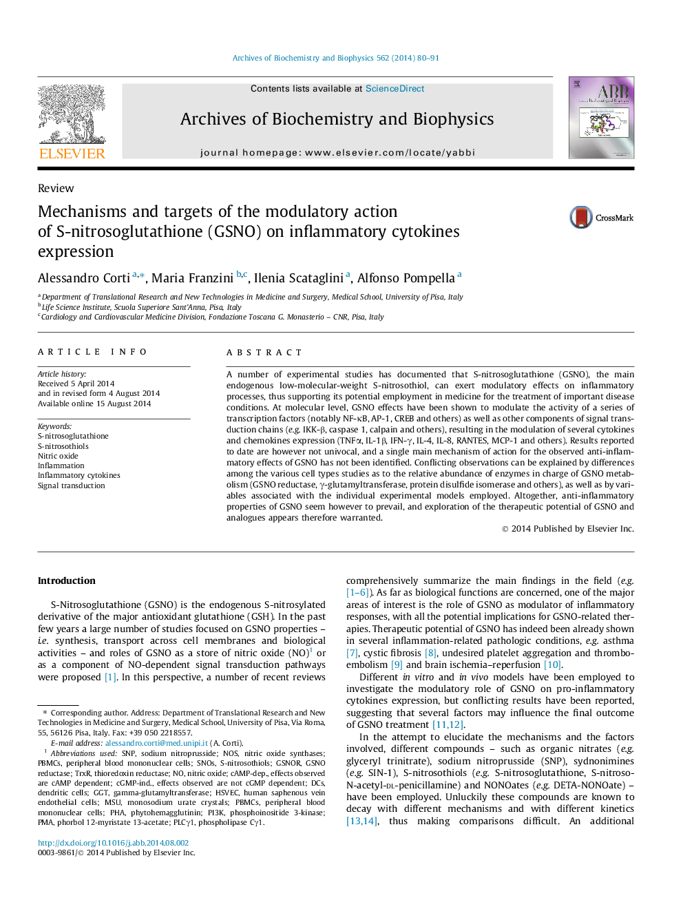 Mechanisms and targets of the modulatory action of S-nitrosoglutathione (GSNO) on inflammatory cytokines expression