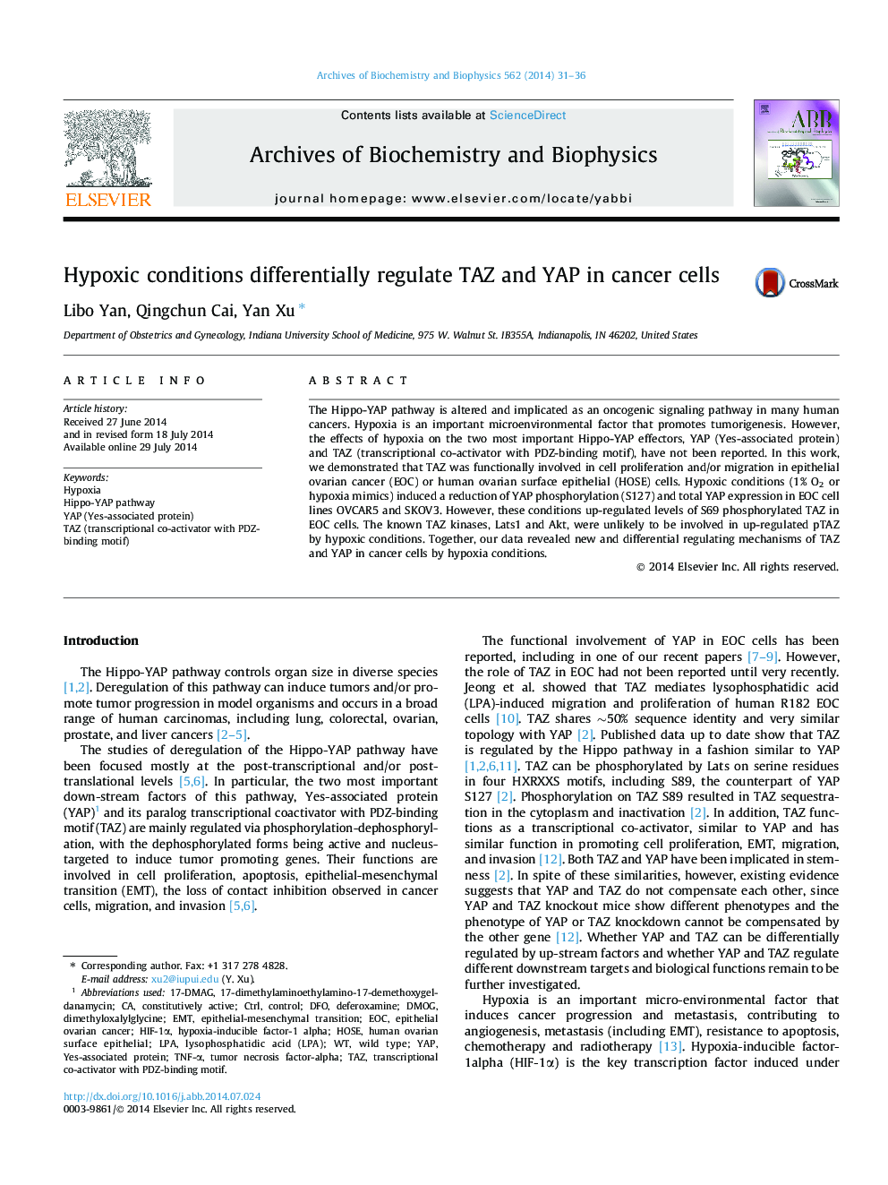 Hypoxic conditions differentially regulate TAZ and YAP in cancer cells