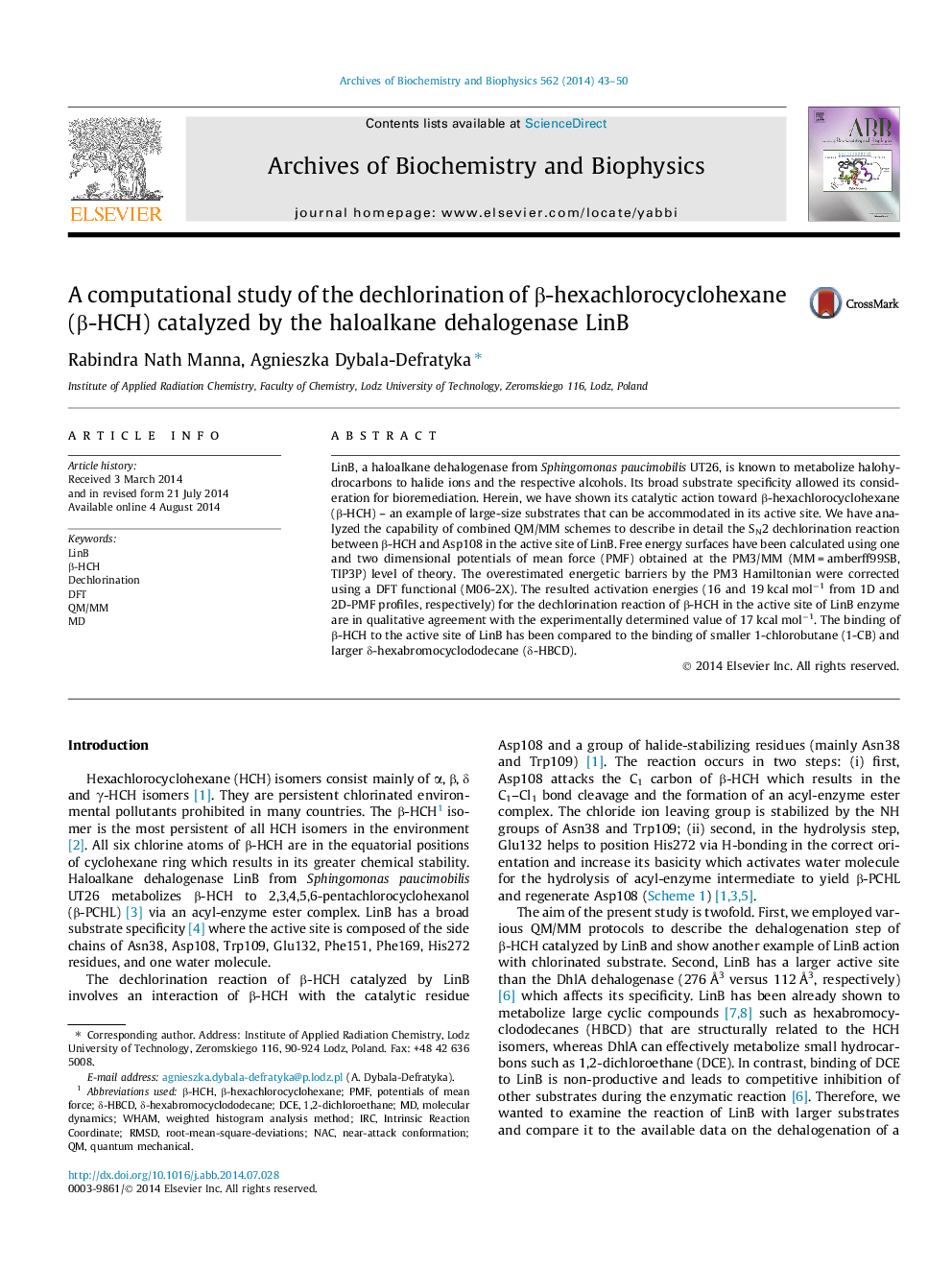 A computational study of the dechlorination of β-hexachlorocyclohexane (β-HCH) catalyzed by the haloalkane dehalogenase LinB