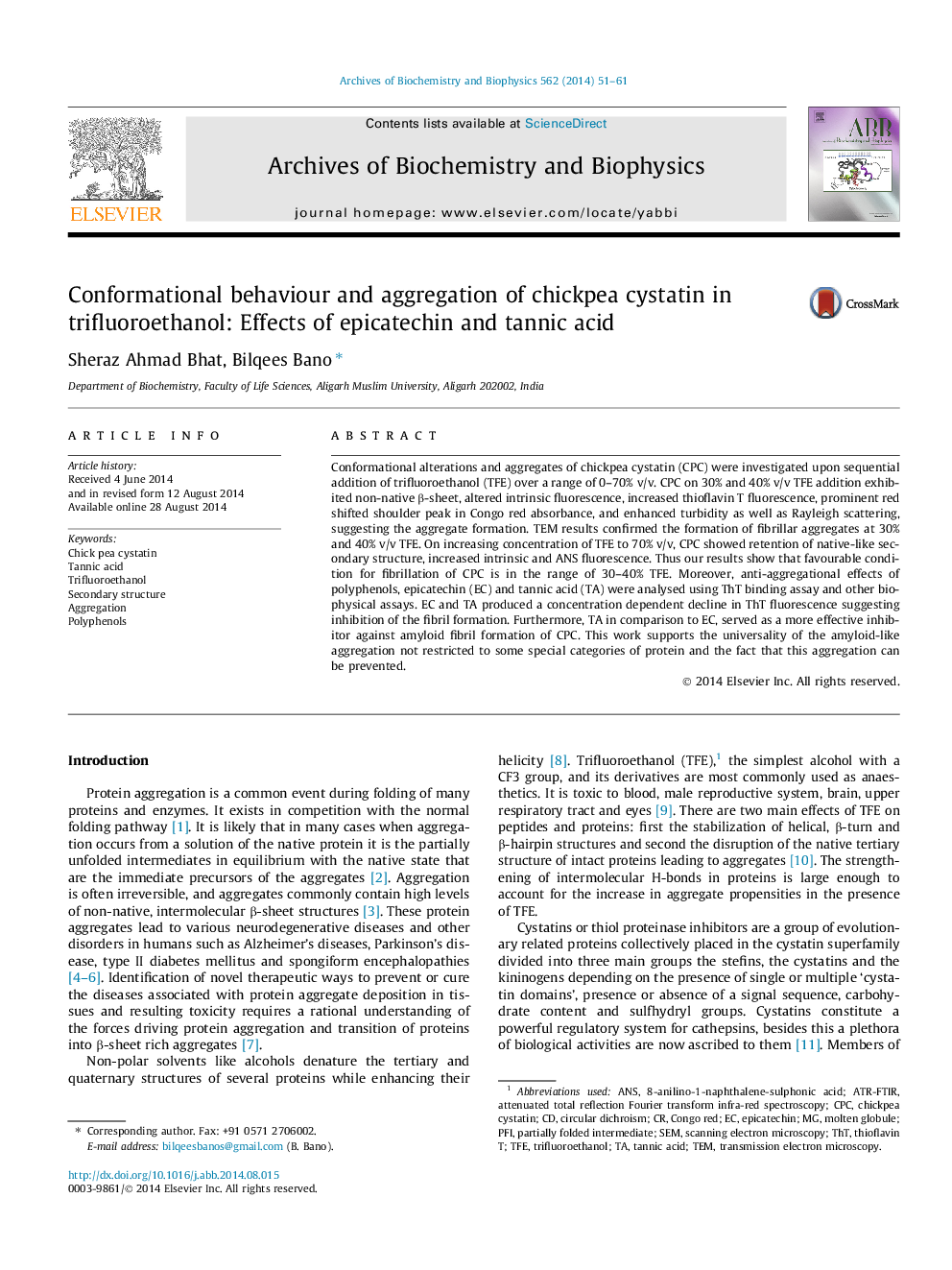 Conformational behaviour and aggregation of chickpea cystatin in trifluoroethanol: Effects of epicatechin and tannic acid