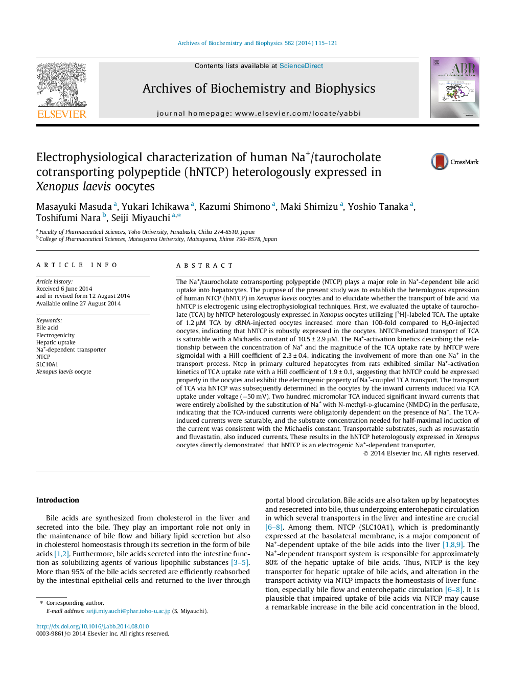 Electrophysiological characterization of human Na+/taurocholate cotransporting polypeptide (hNTCP) heterologously expressed in Xenopus laevis oocytes