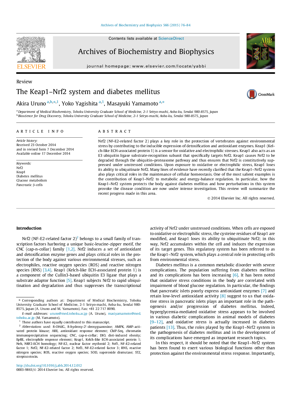 The Keap1–Nrf2 system and diabetes mellitus