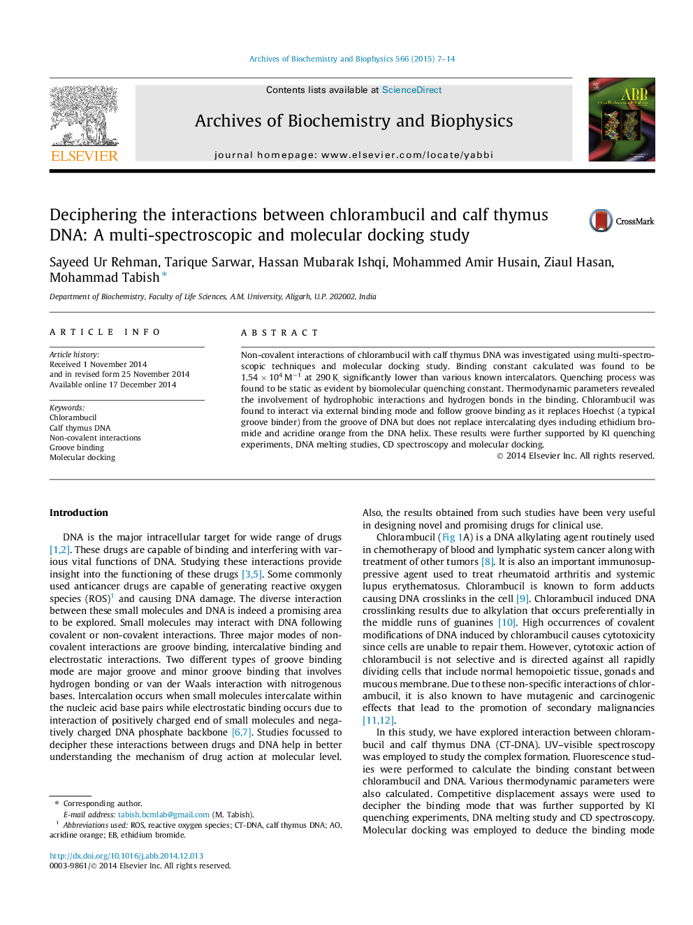 Deciphering the interactions between chlorambucil and calf thymus DNA: A multi-spectroscopic and molecular docking study