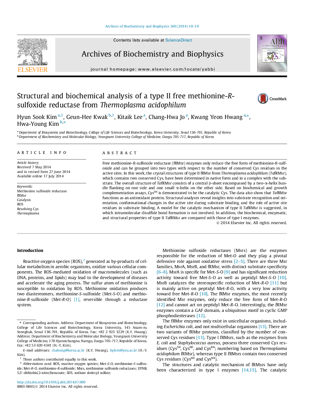 Structural and biochemical analysis of a type II free methionine-R-sulfoxide reductase from Thermoplasma acidophilum