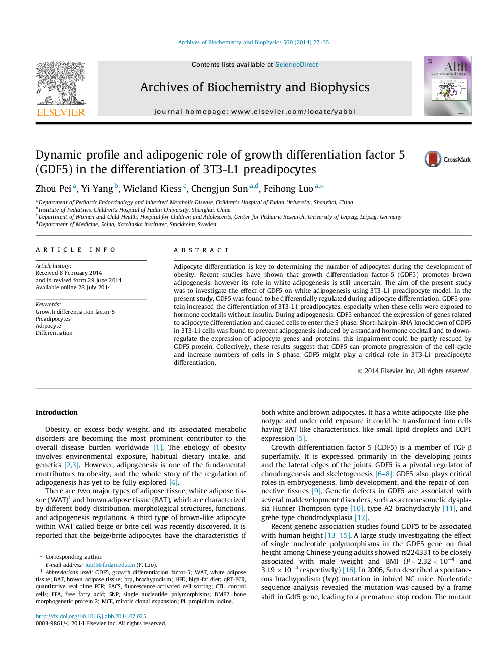 Dynamic profile and adipogenic role of growth differentiation factor 5 (GDF5) in the differentiation of 3T3-L1 preadipocytes