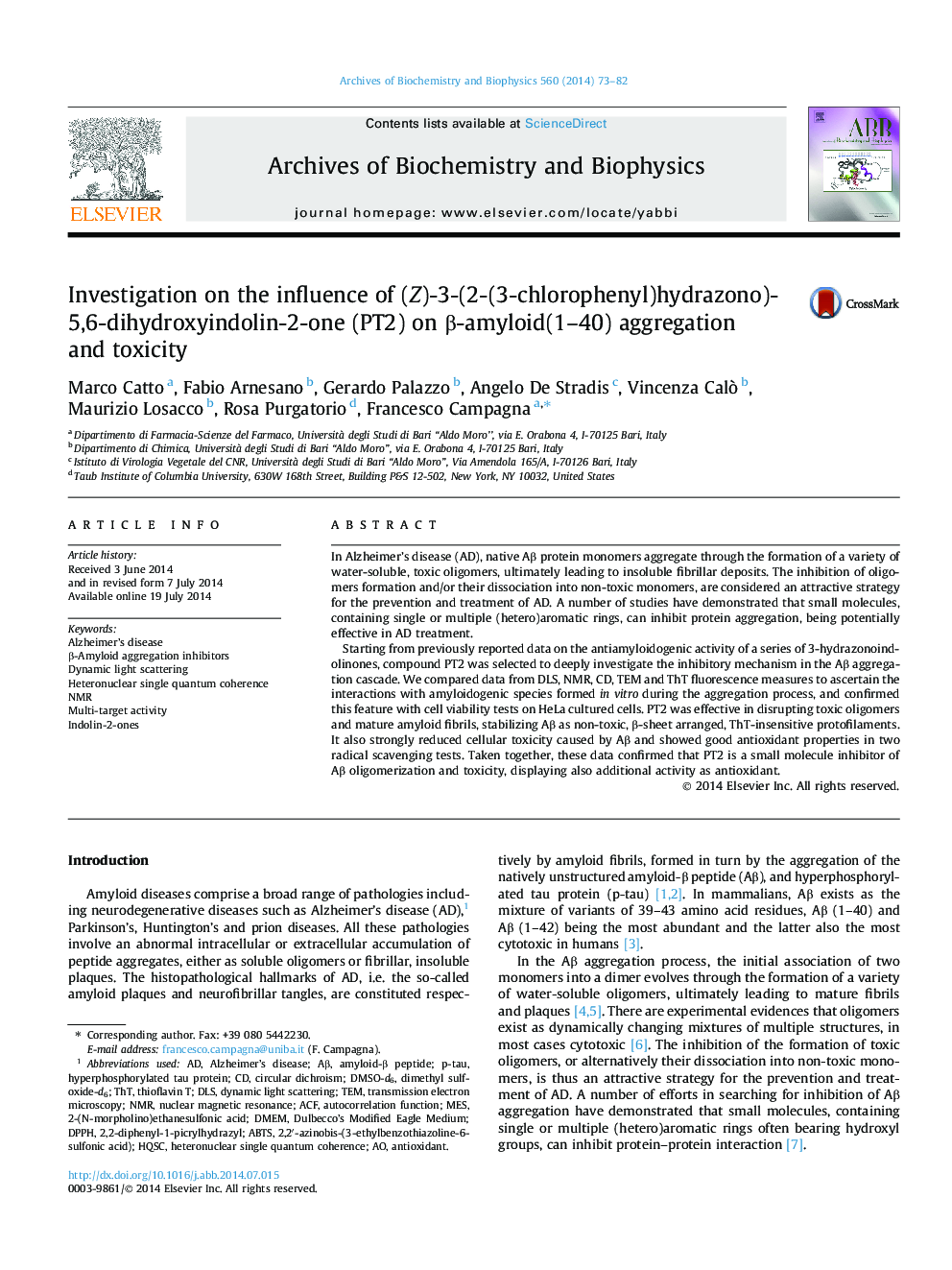 Investigation on the influence of (Z)-3-(2-(3-chlorophenyl)hydrazono)-5,6-dihydroxyindolin-2-one (PT2) on β-amyloid(1–40) aggregation and toxicity