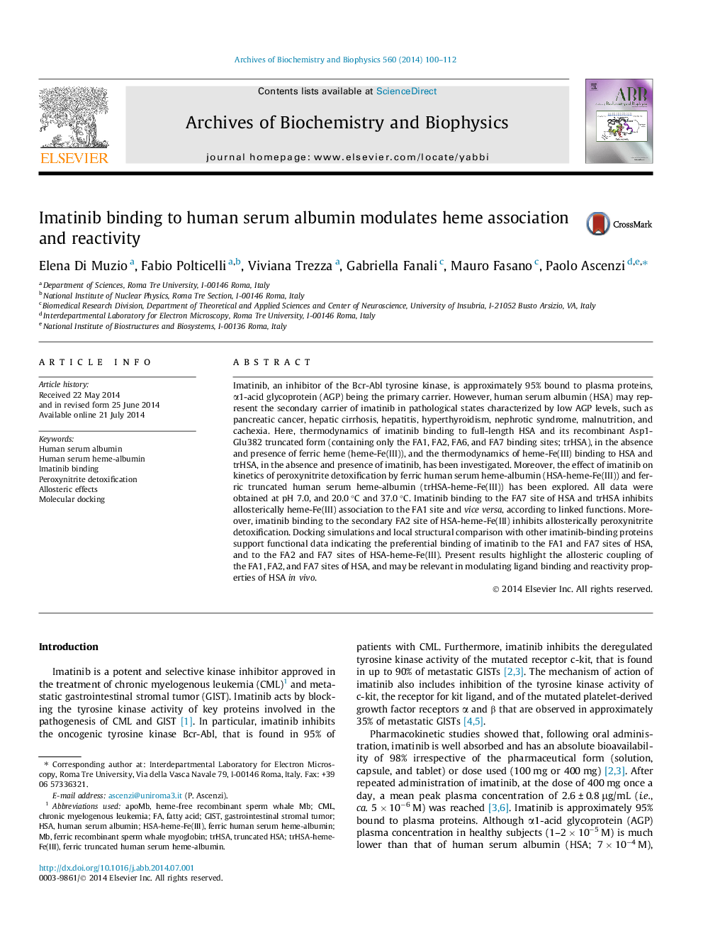 Imatinib binding to human serum albumin modulates heme association and reactivity