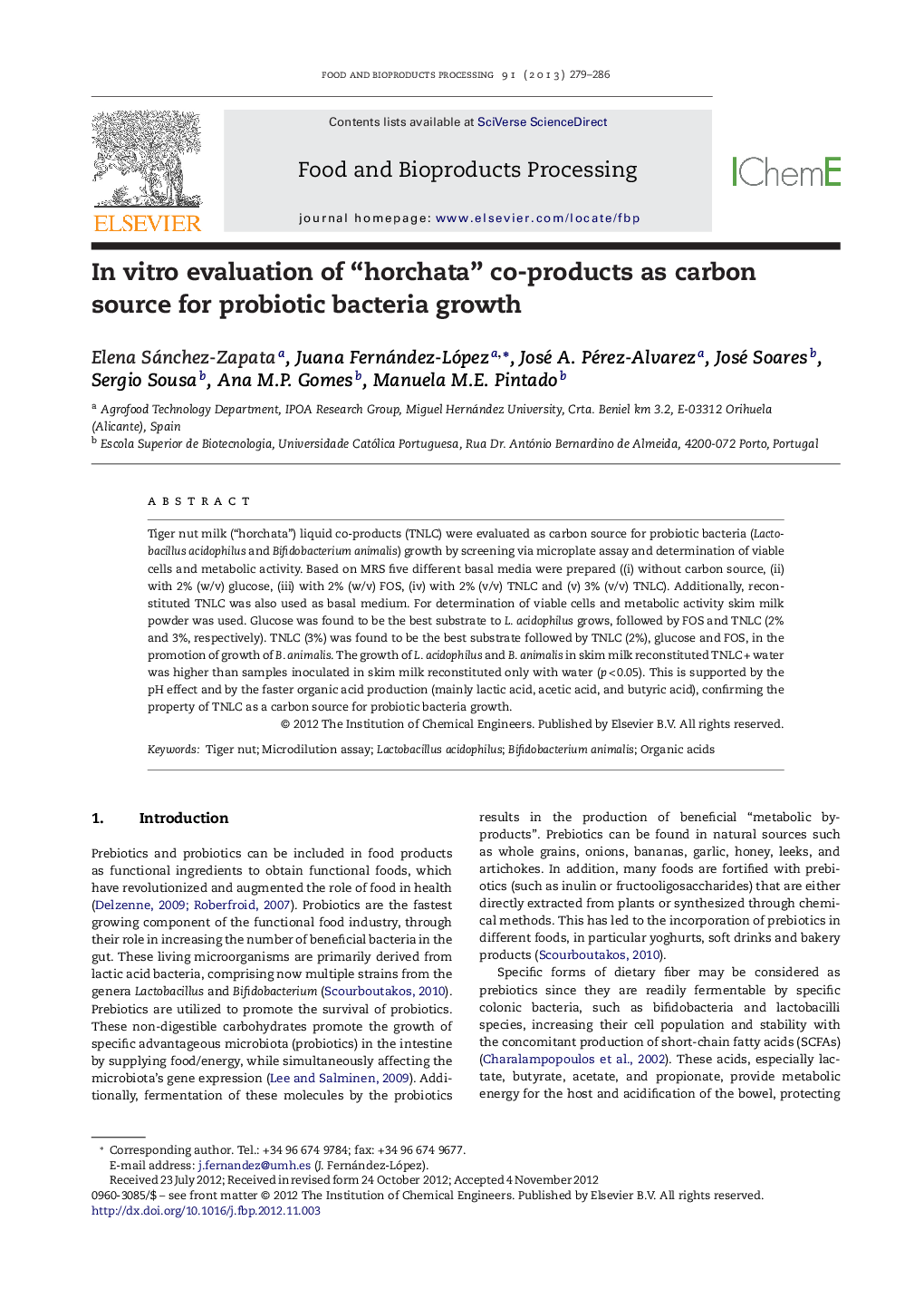 In vitro evaluation of “horchata” co-products as carbon source for probiotic bacteria growth