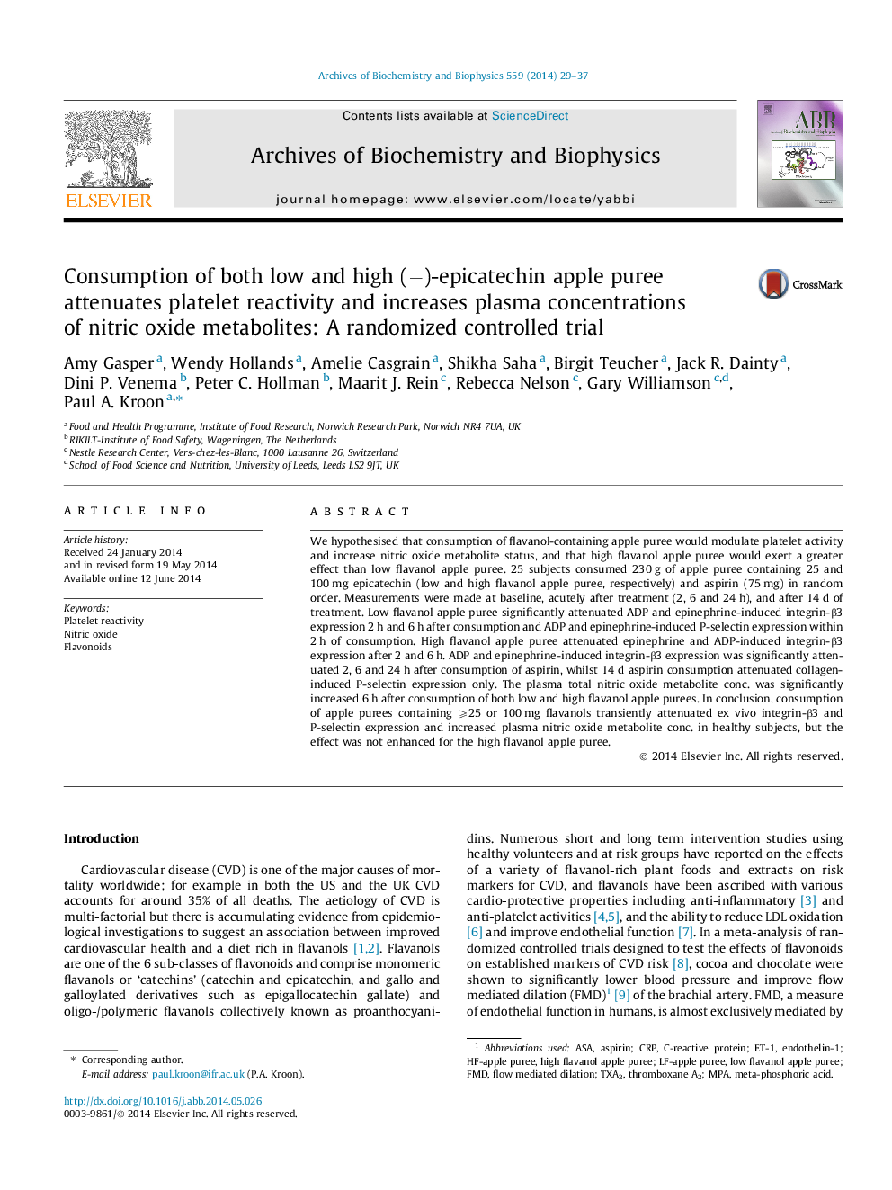 Consumption of both low and high (−)-epicatechin apple puree attenuates platelet reactivity and increases plasma concentrations of nitric oxide metabolites: A randomized controlled trial