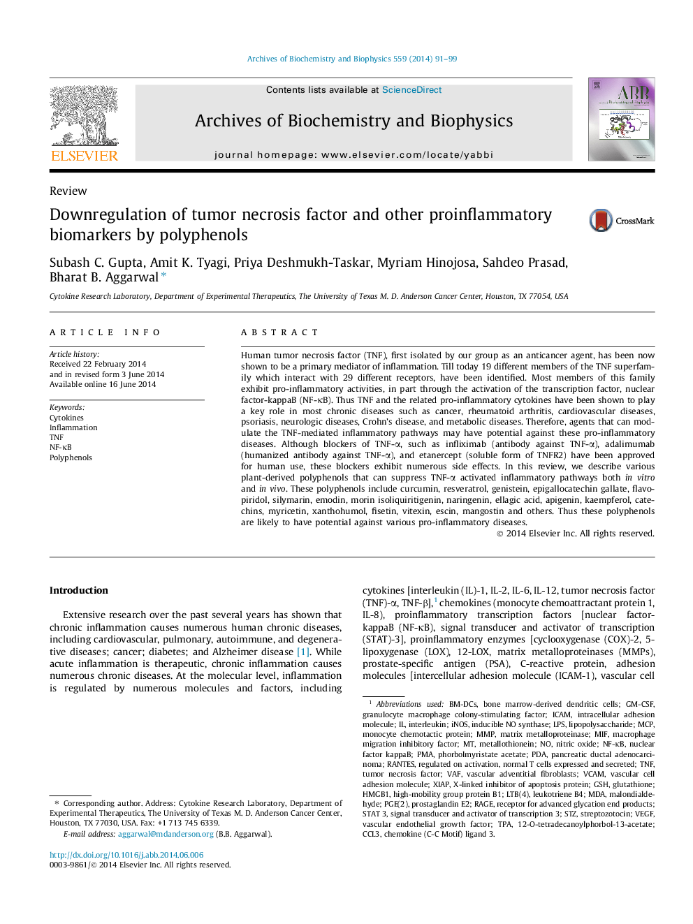 Downregulation of tumor necrosis factor and other proinflammatory biomarkers by polyphenols