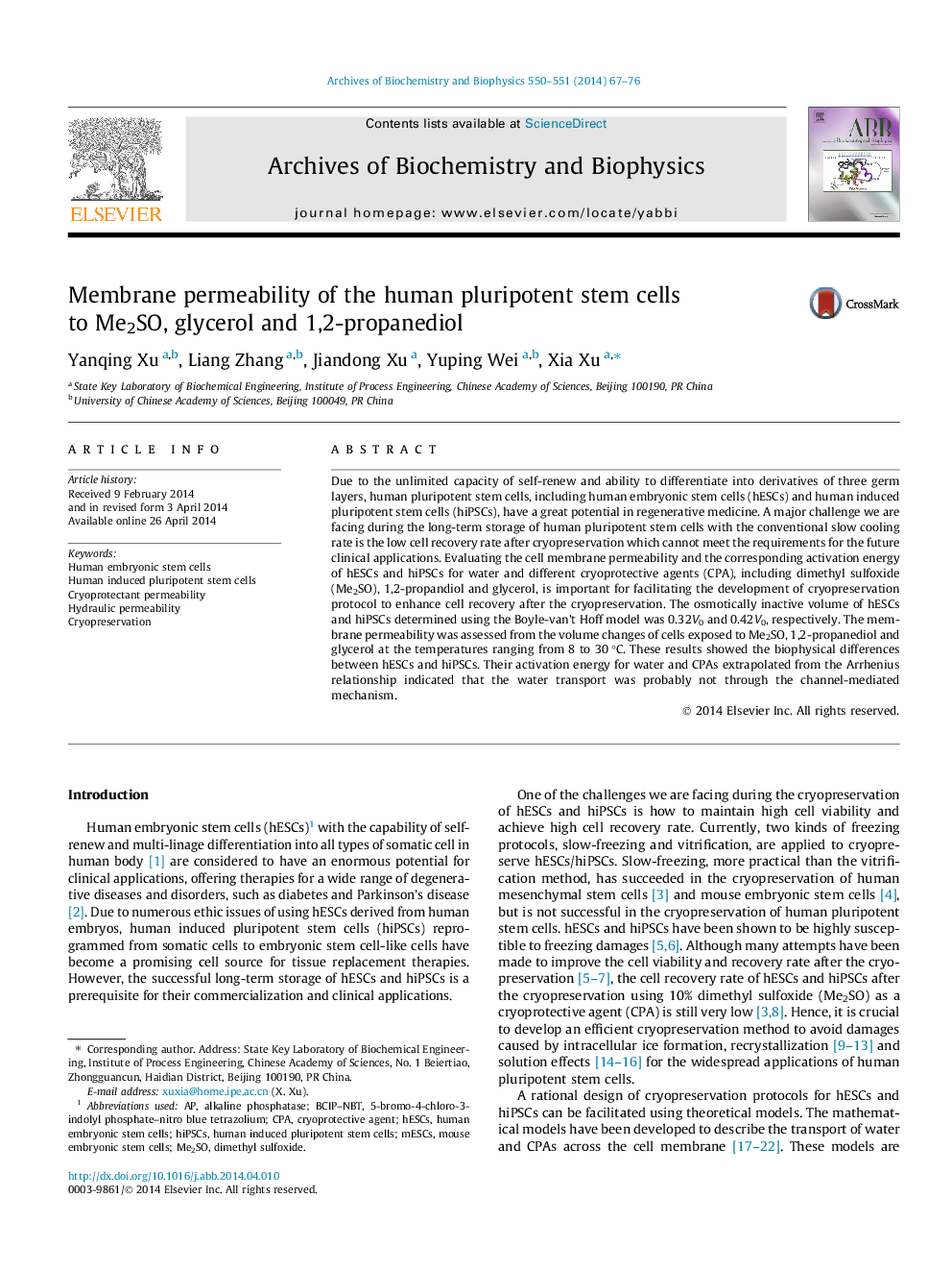 Membrane permeability of the human pluripotent stem cells to Me2SO, glycerol and 1,2-propanediol