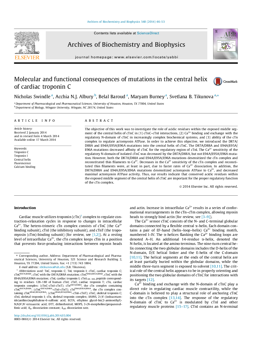 Molecular and functional consequences of mutations in the central helix of cardiac troponin C