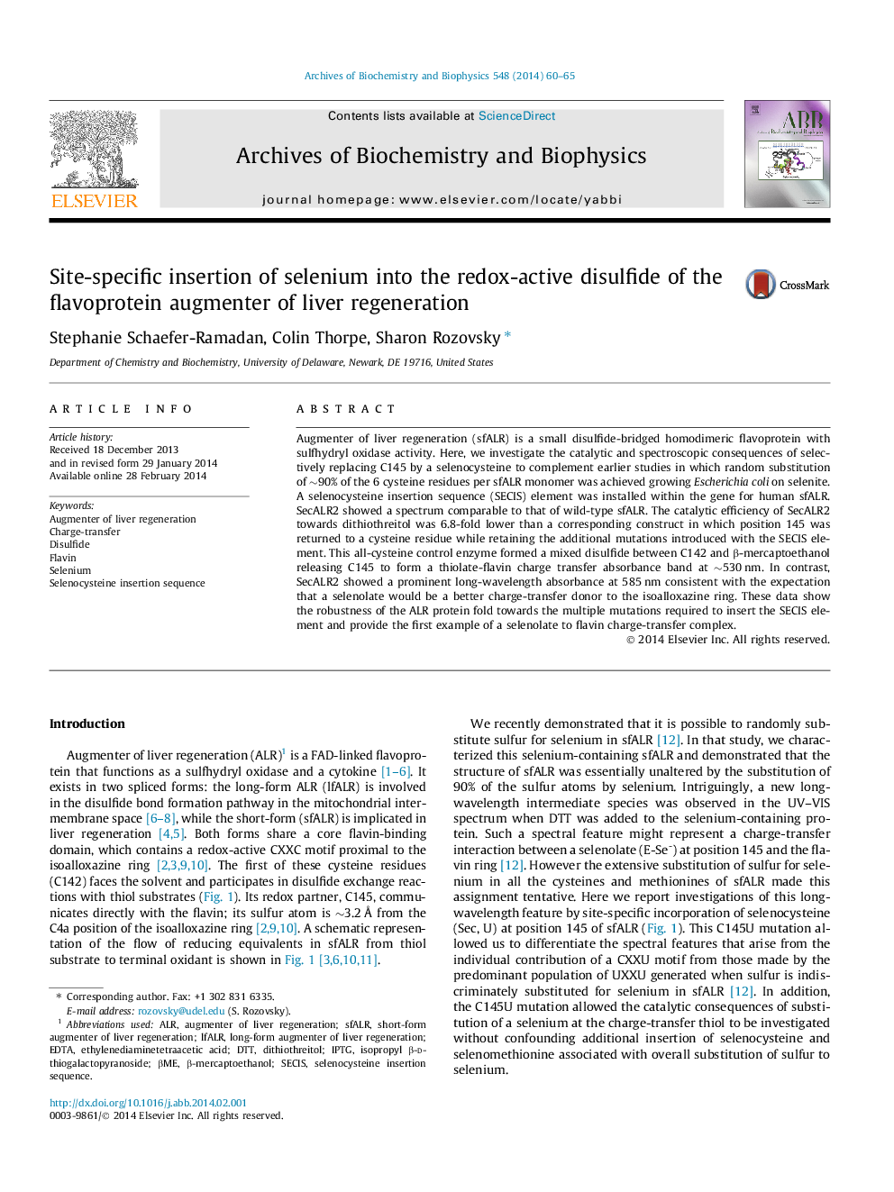 Site-specific insertion of selenium into the redox-active disulfide of the flavoprotein augmenter of liver regeneration