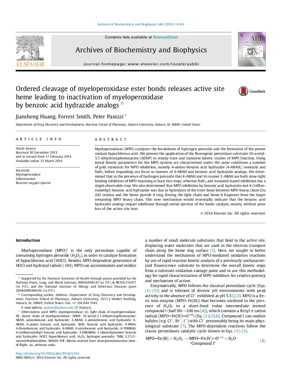 Ordered cleavage of myeloperoxidase ester bonds releases active site heme leading to inactivation of myeloperoxidase by benzoic acid hydrazide analogs