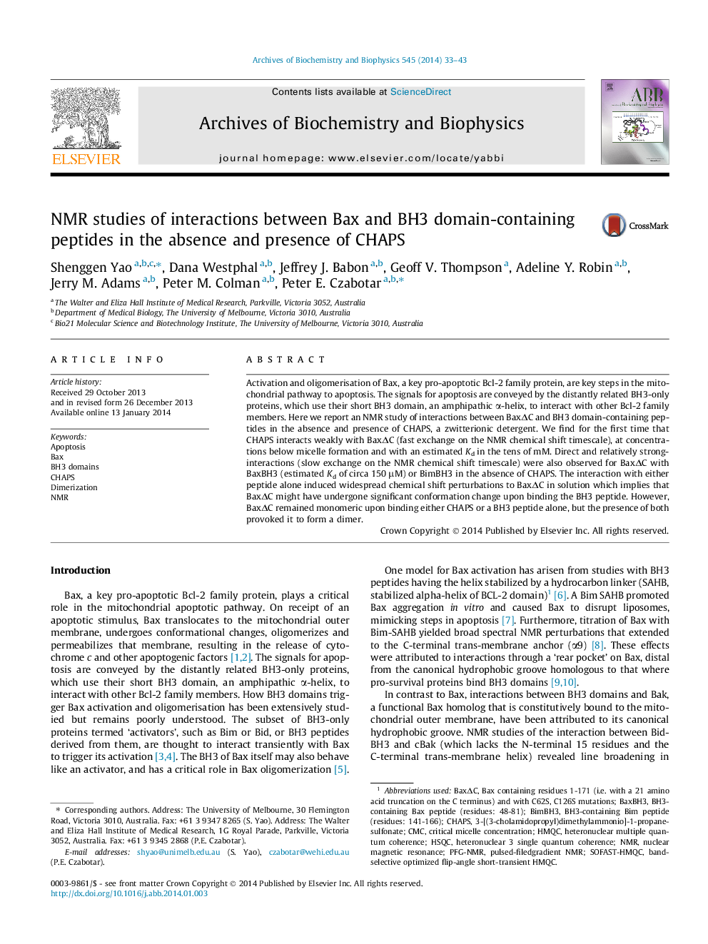 NMR studies of interactions between Bax and BH3 domain-containing peptides in the absence and presence of CHAPS