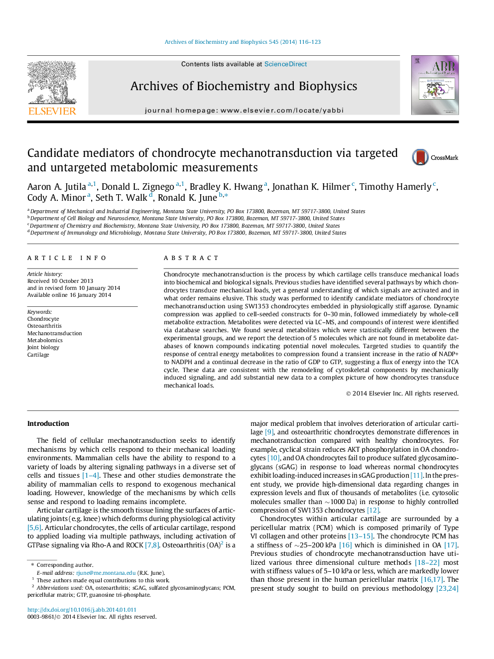 Candidate mediators of chondrocyte mechanotransduction via targeted and untargeted metabolomic measurements