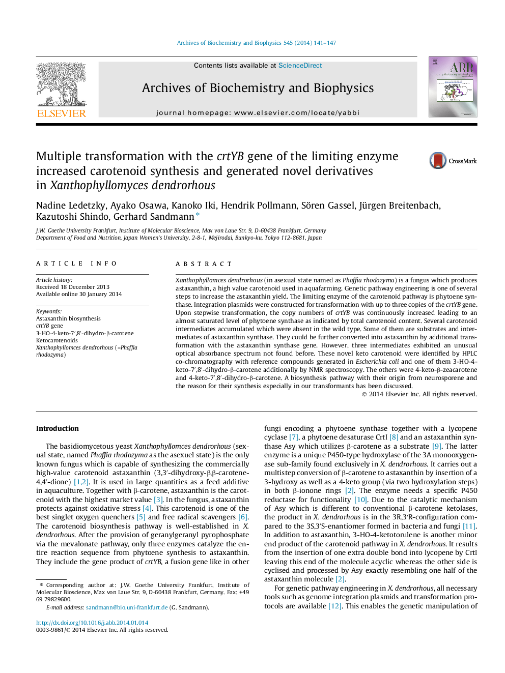 Multiple transformation with the crtYB gene of the limiting enzyme increased carotenoid synthesis and generated novel derivatives in Xanthophyllomyces dendrorhous