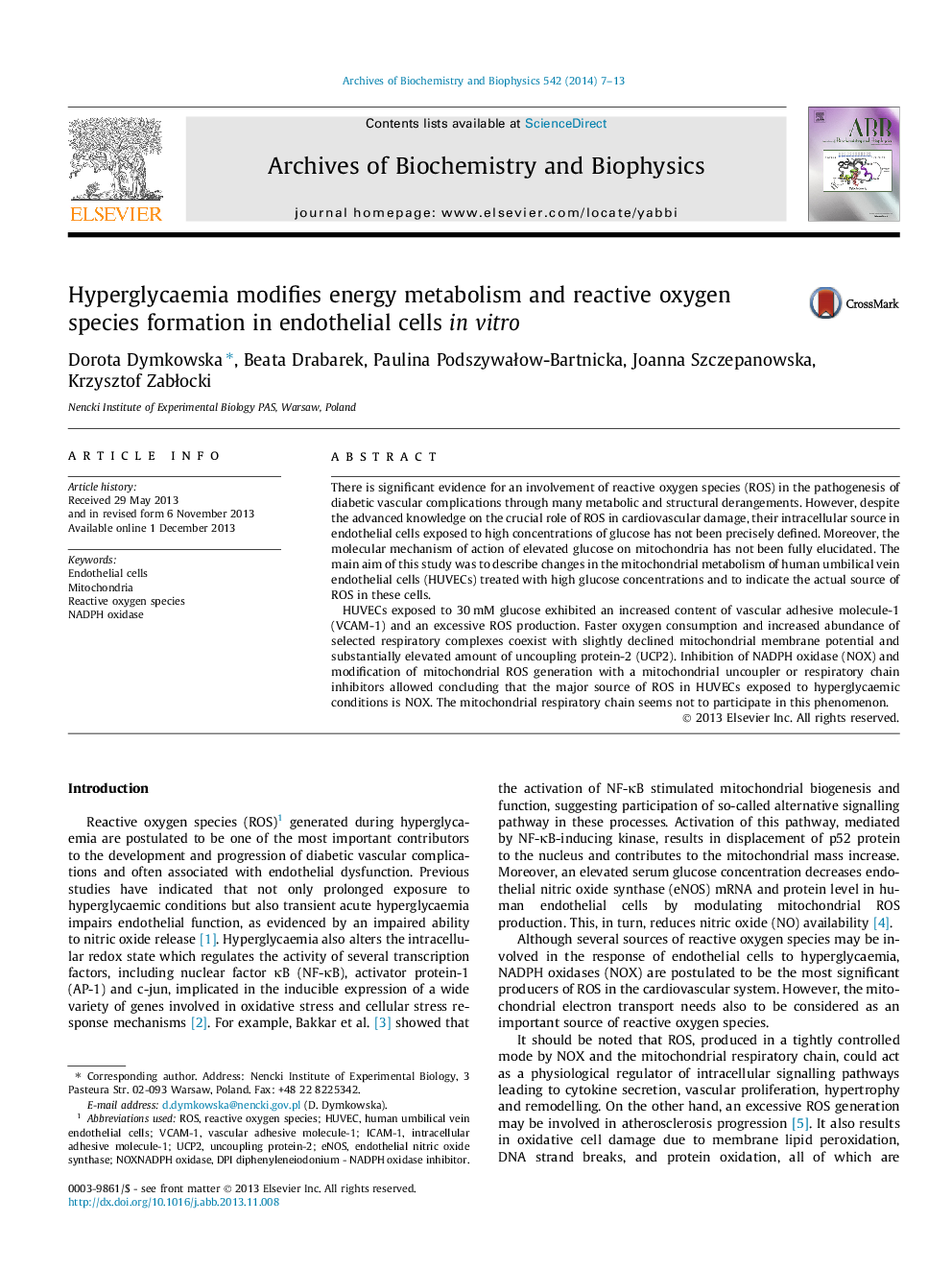 Hyperglycaemia modifies energy metabolism and reactive oxygen species formation in endothelial cells in vitro