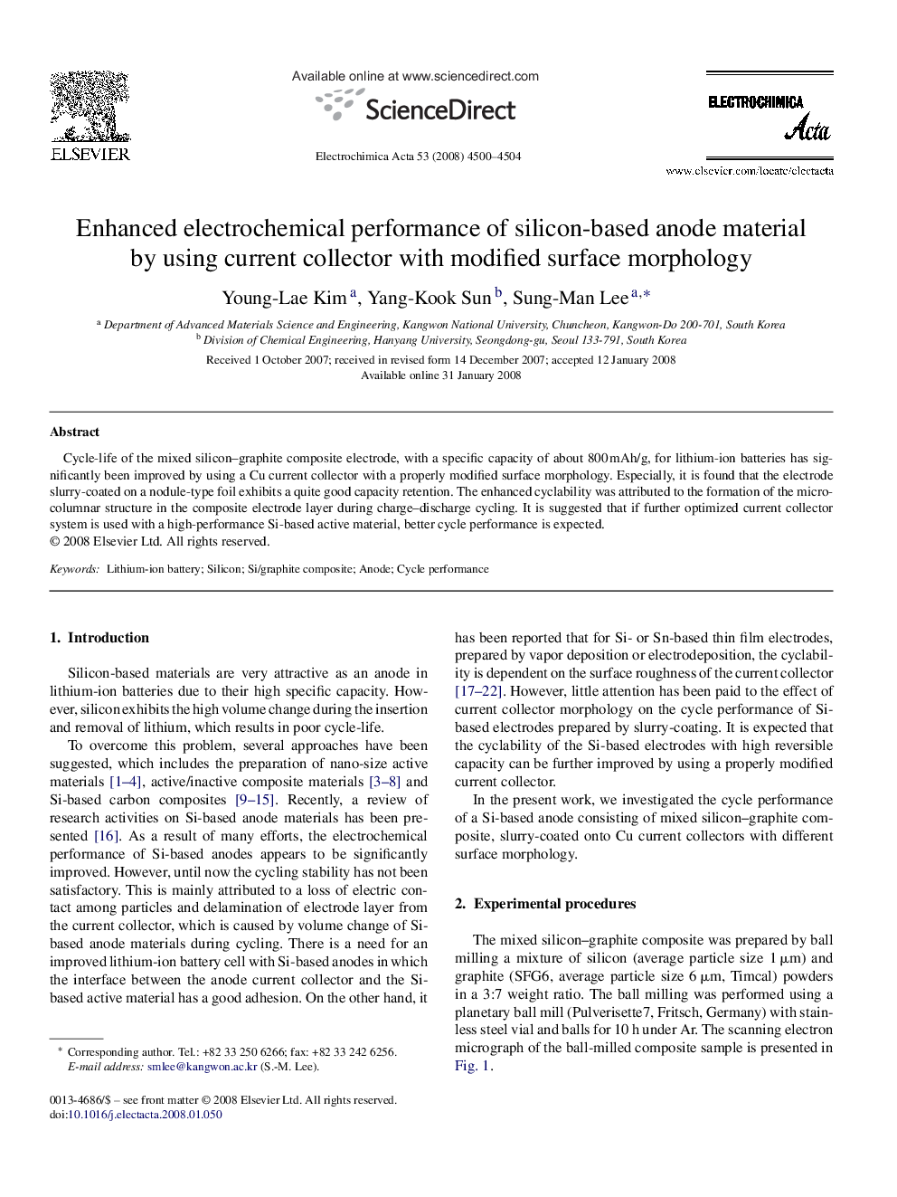 Enhanced electrochemical performance of silicon-based anode material by using current collector with modified surface morphology