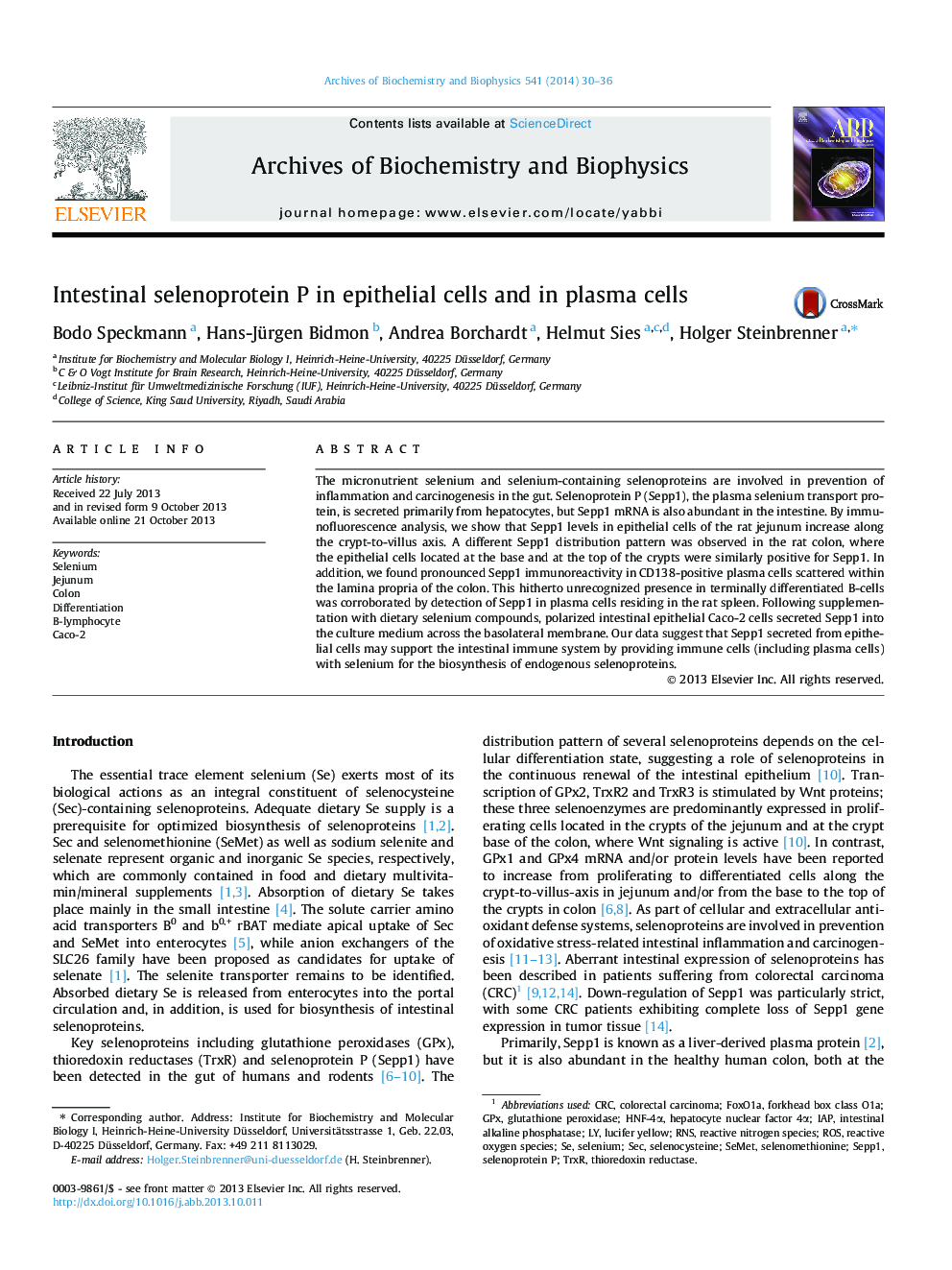 Intestinal selenoprotein P in epithelial cells and in plasma cells