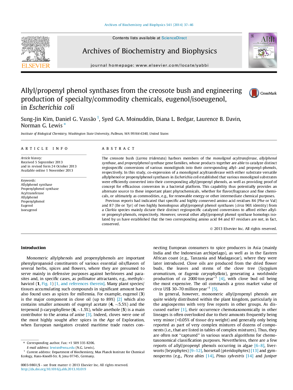 Allyl/propenyl phenol synthases from the creosote bush and engineering production of specialty/commodity chemicals, eugenol/isoeugenol, in Escherichia coli