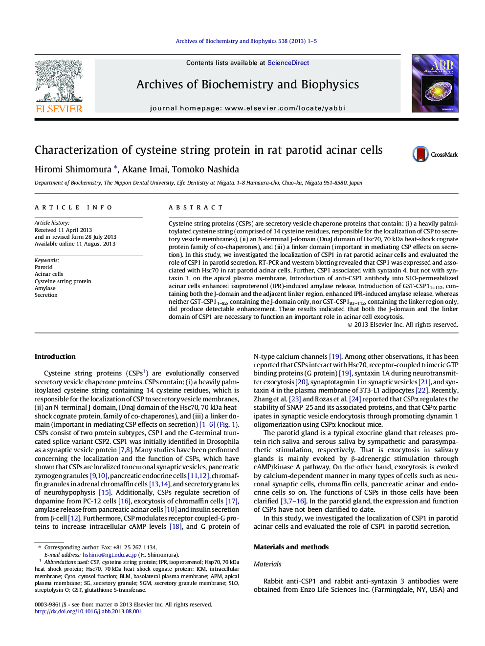 Characterization of cysteine string protein in rat parotid acinar cells