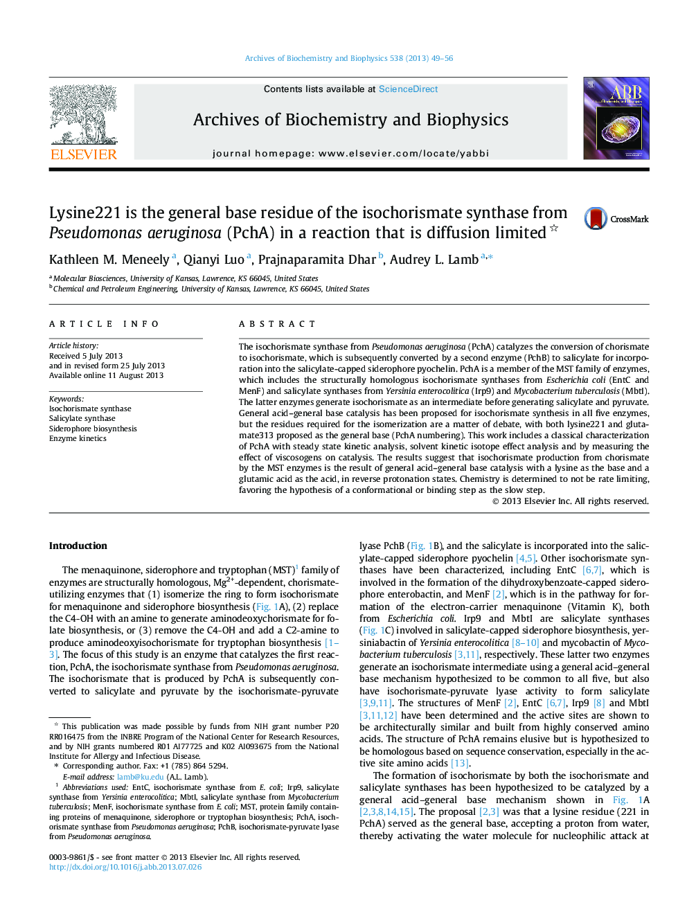 Lysine221 is the general base residue of the isochorismate synthase from Pseudomonas aeruginosa (PchA) in a reaction that is diffusion limited 