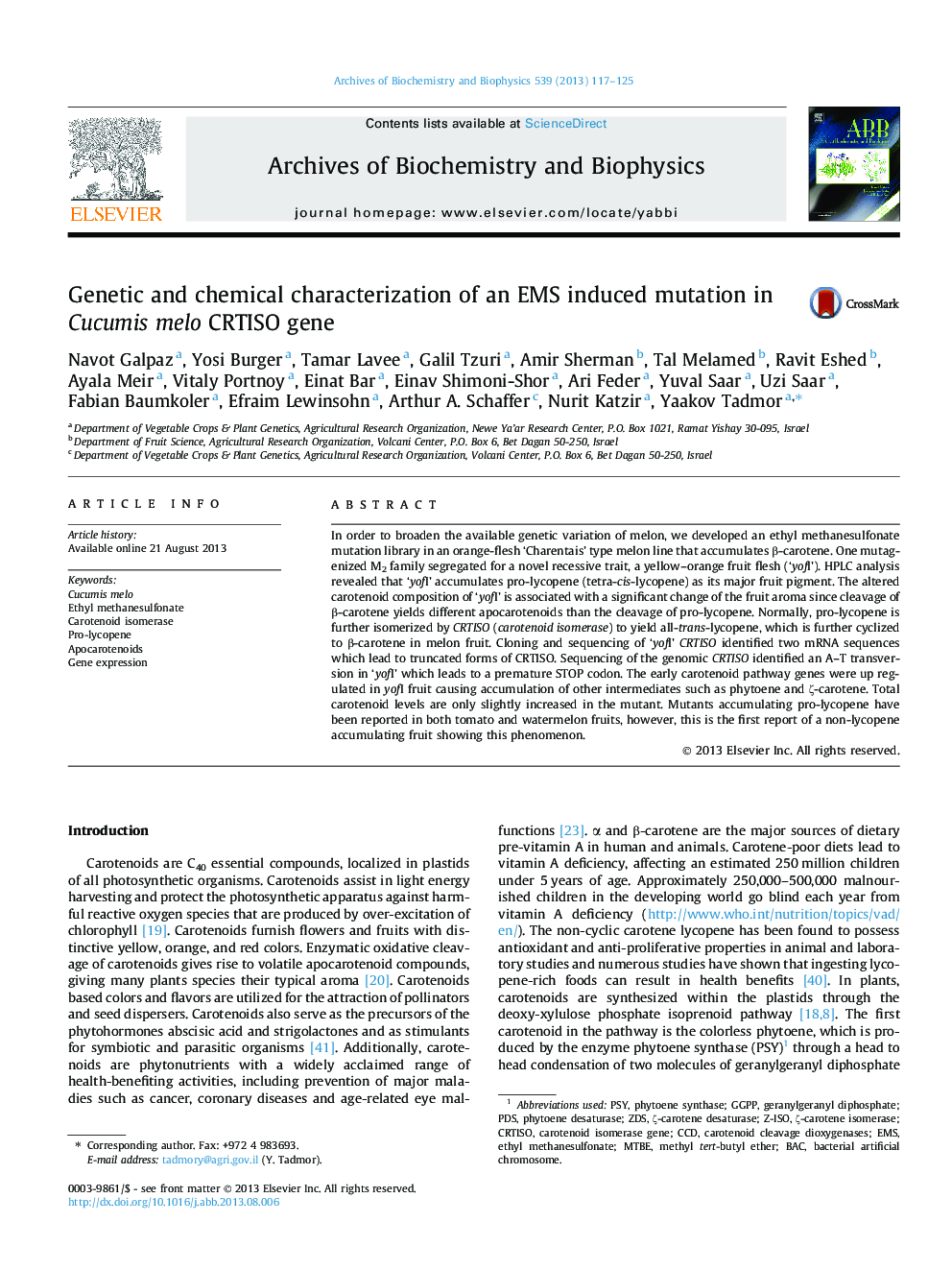 Genetic and chemical characterization of an EMS induced mutation in Cucumis melo CRTISO gene