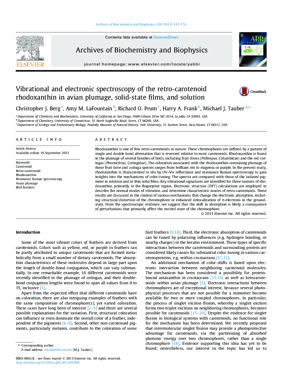 Vibrational and electronic spectroscopy of the retro-carotenoid rhodoxanthin in avian plumage, solid-state films, and solution