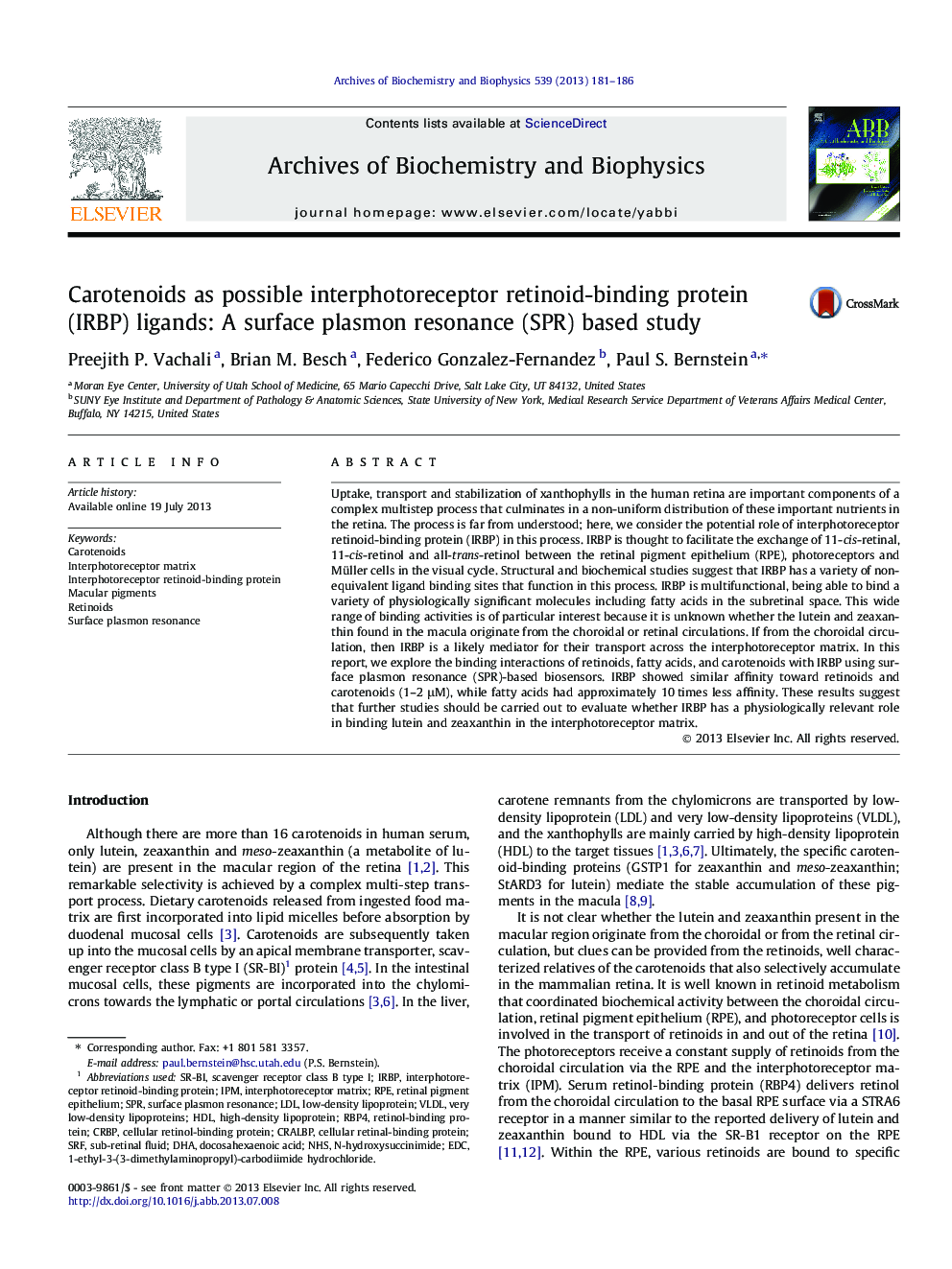 Carotenoids as possible interphotoreceptor retinoid-binding protein (IRBP) ligands: A surface plasmon resonance (SPR) based study