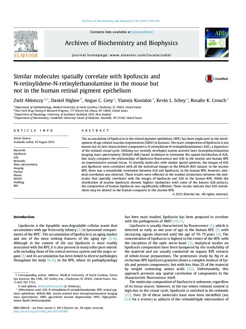 Similar molecules spatially correlate with lipofuscin and N-retinylidene-N-retinylethanolamine in the mouse but not in the human retinal pigment epithelium